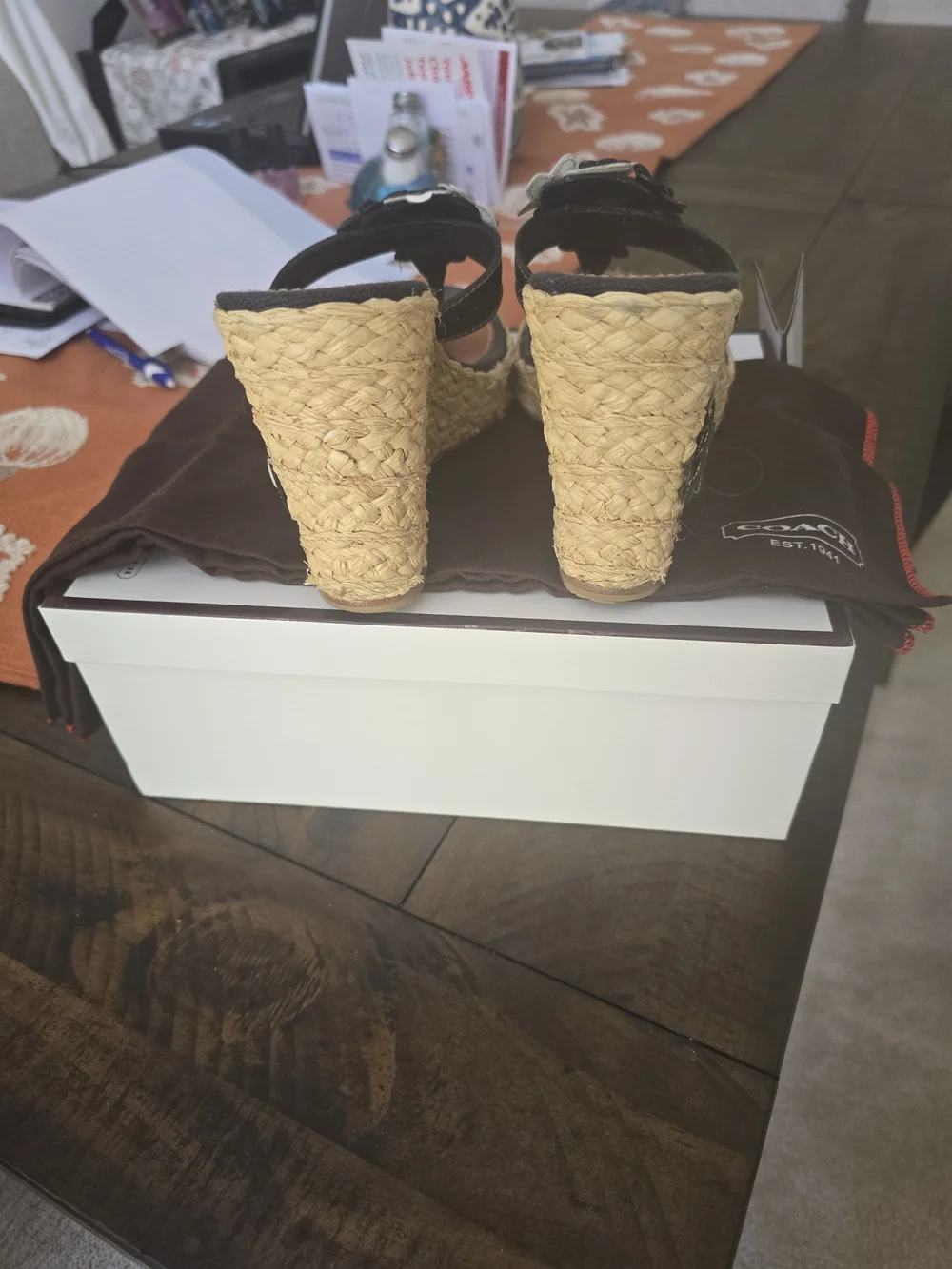 COACH Black Floral Leather Wedge Sandals These Were $350.00 New. This Is A Steal